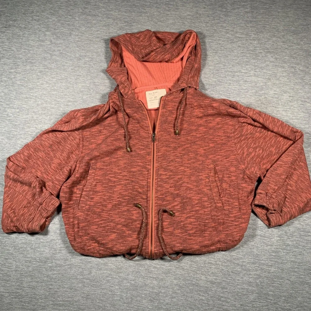 Free People Hoodie Womens XS Rust Red‎ Heathered Zip Up Drawstring Hem Pockets